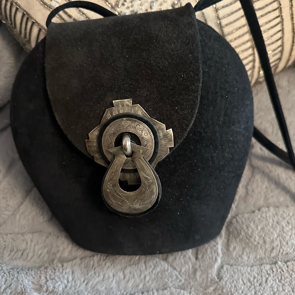 Black Suede Crossbody Bag with Silver Accent
